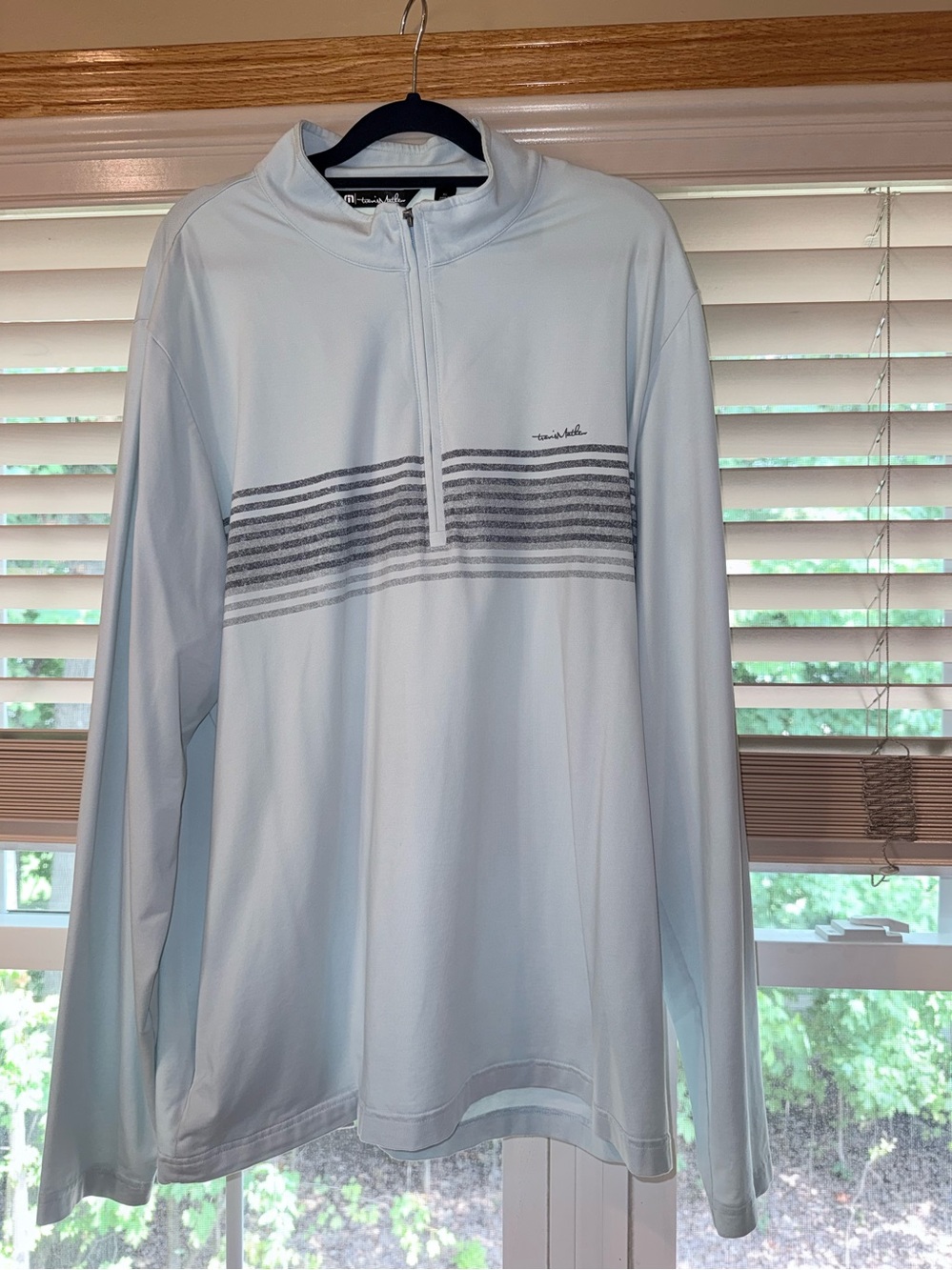 Travis Mathew Light Blue Half-Zip Performance Pullover with Gray Stripes
